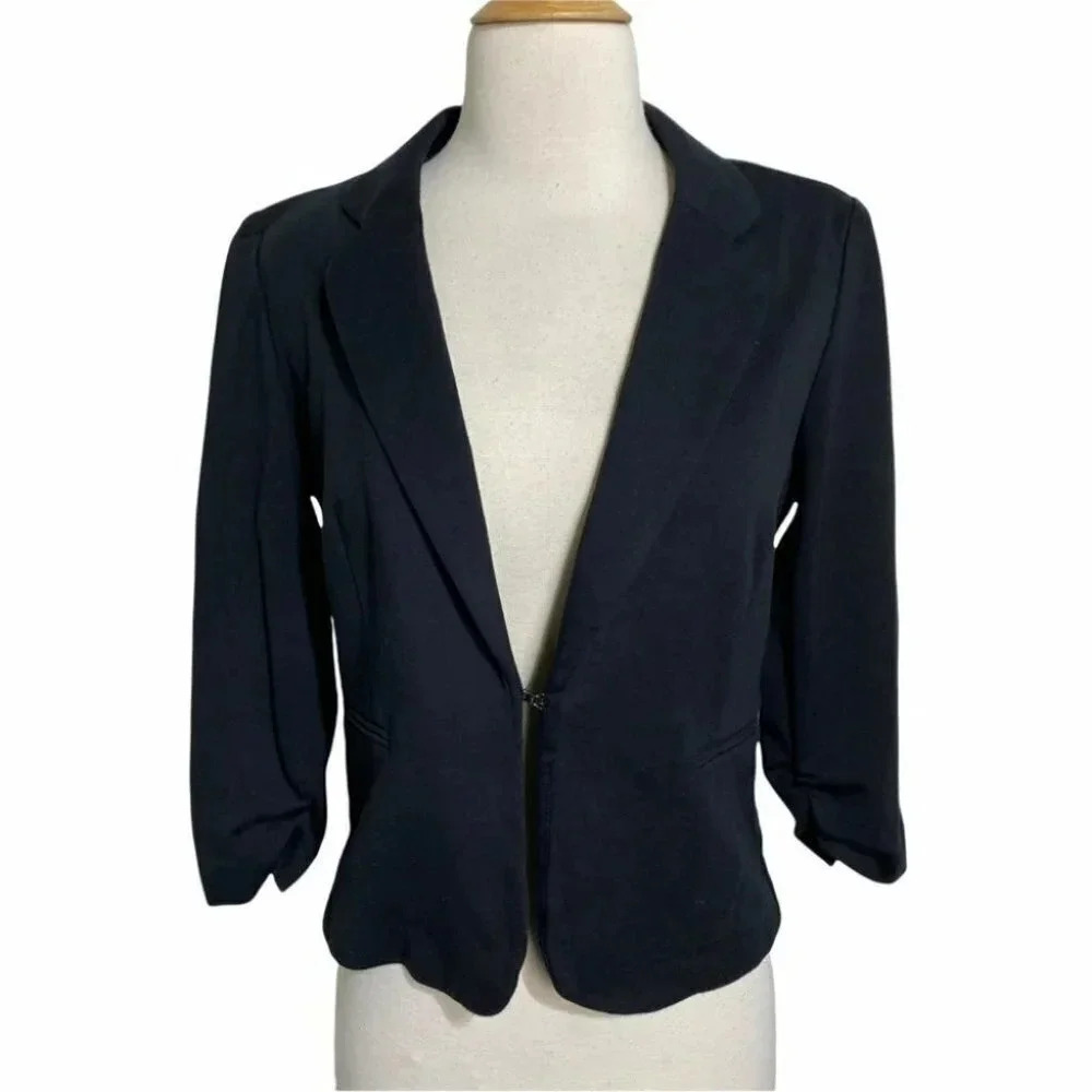 True Envy Stretch Blazer 6 Black‎ Ruched 3/4 Sleeve Hook Eye Career Style 480